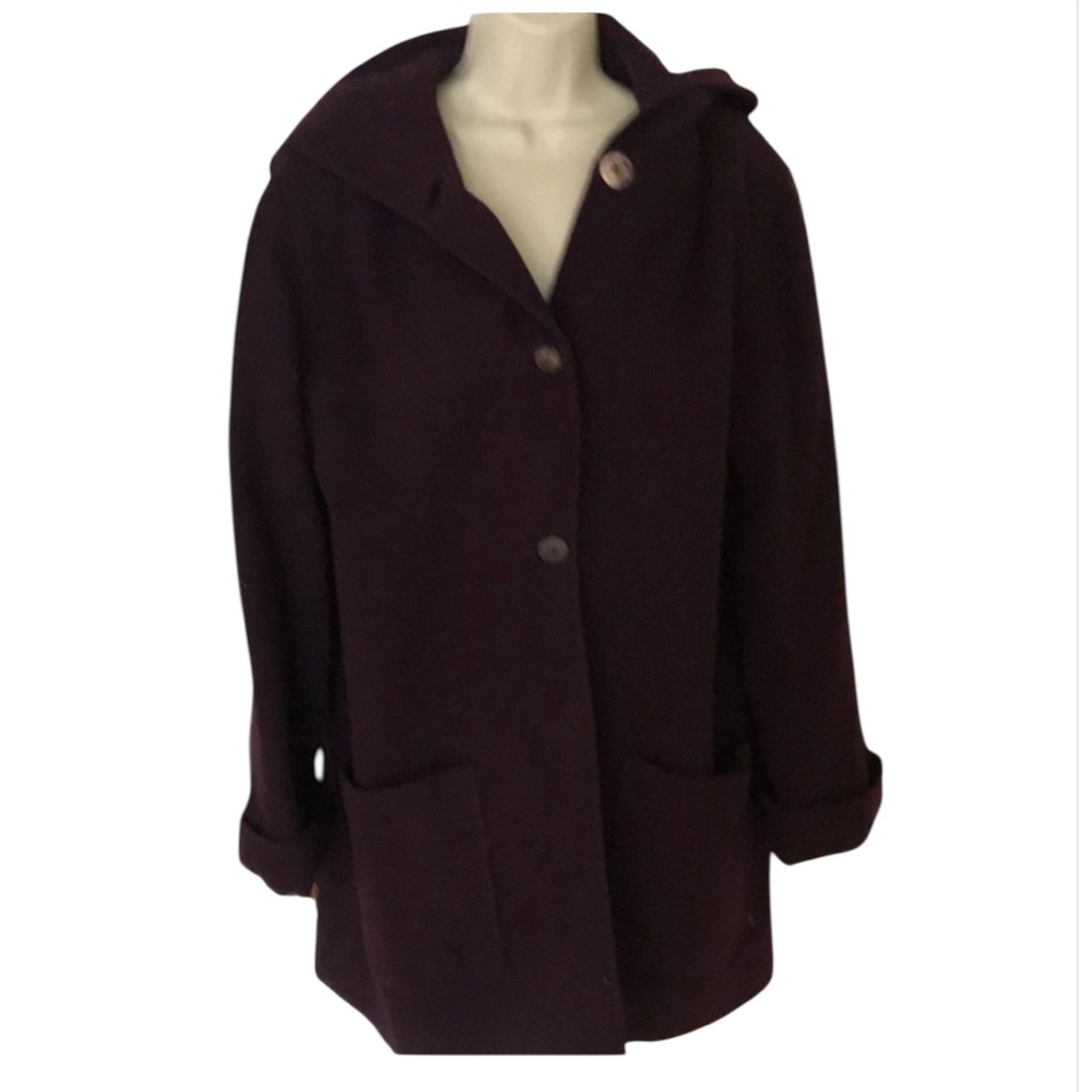 Alfred Dunner size 12 dark purple 100% wool hooded 3/4 length coat with pockets